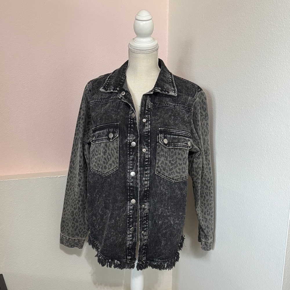 Black Denim Jacket with Leopard Print Sleeves